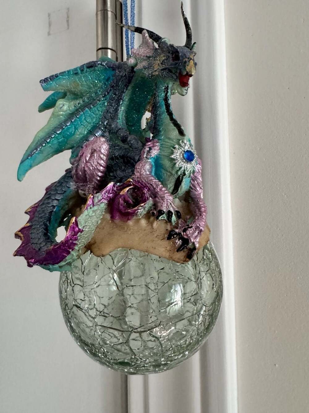 Fantasy Teal Dragon With Crystal Crackle Glass Orb Ornament